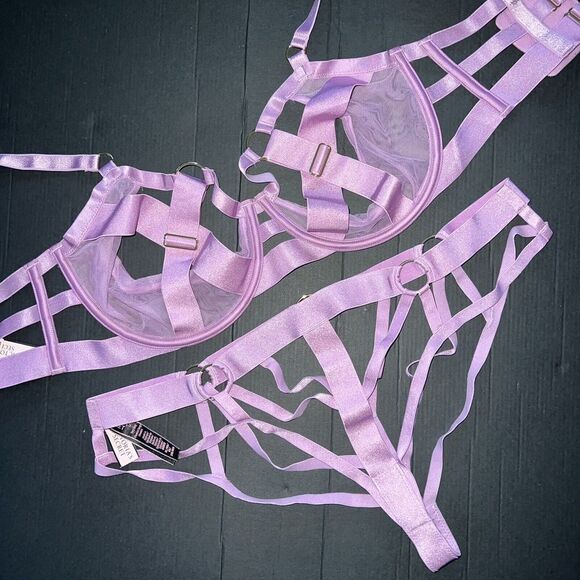Victoria's Secret unlined 36DD BRA SET XL PANTY strappy banded mesh LILAC PURPLE - Picture 2 of 8